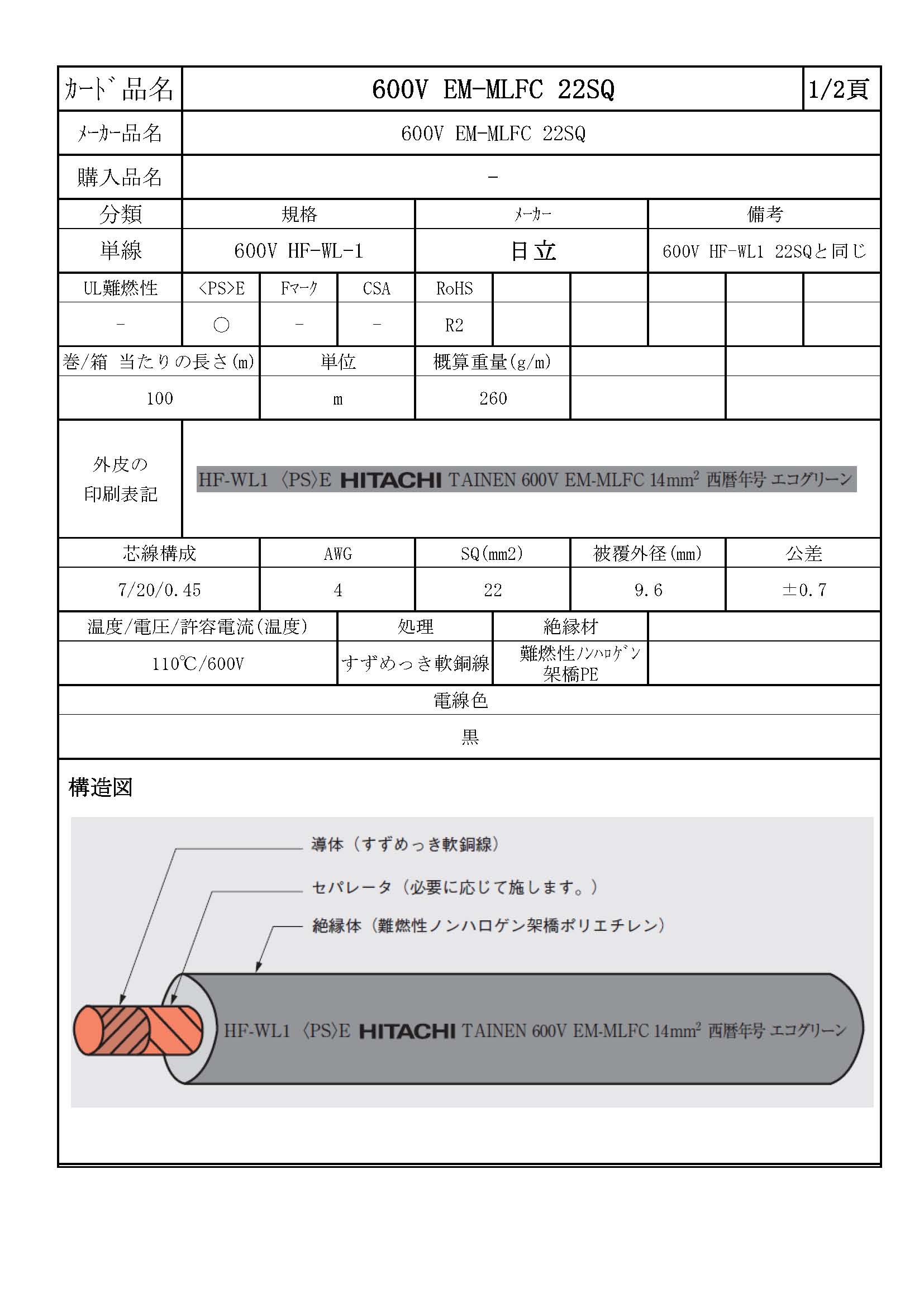 日立電線】 600V EM-MLFC 22SQ(電線)|配線お役立ちサイト 日立電線】 600V EM-MLFC 22SQ(電線)|配線お役立ちサイト