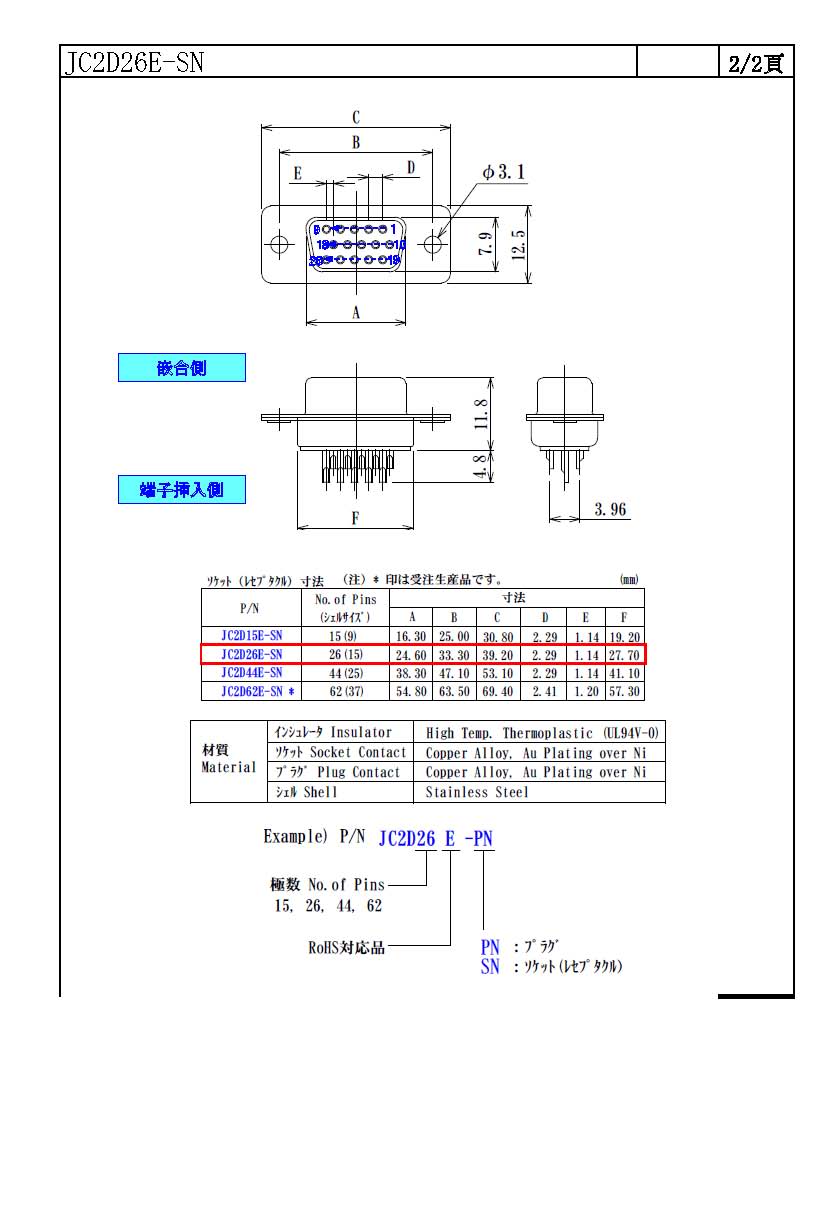 日本コネクト工業】 JC2D26E-SN（コネクタ）｜配線お役立ち